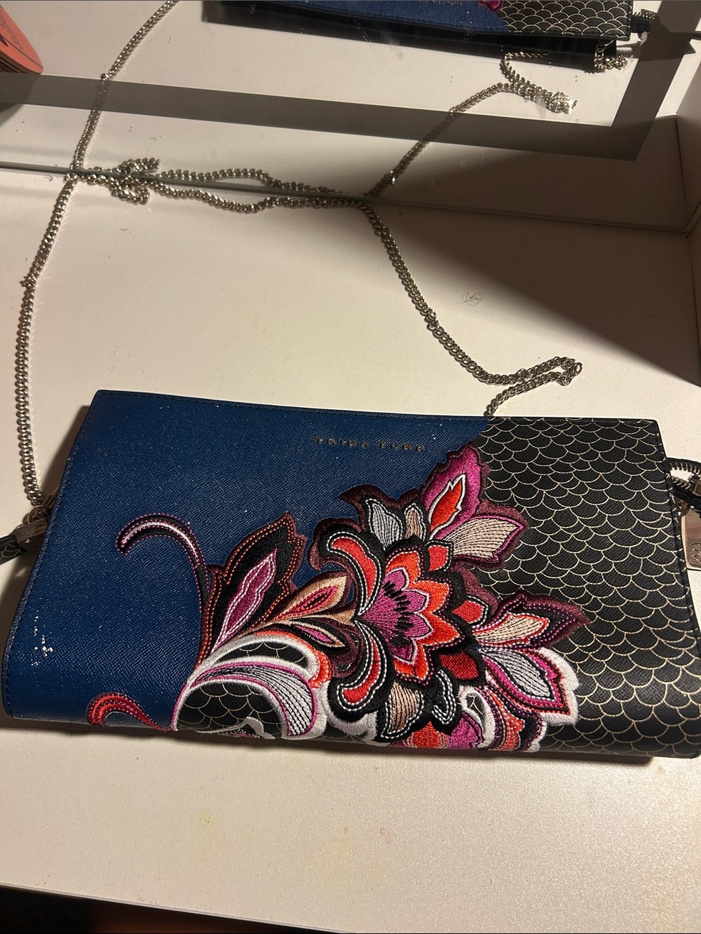 Trina Turk Blue Floral Embroidered Crossbody with Black Scaled Panel